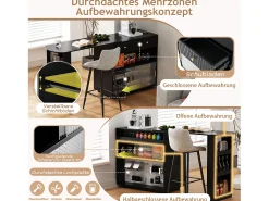 Bar/aparador extensível com dobradiças giratórias - 120 x 50 x 95,5 cm - com porta + prateleiras + iluminação LED + 2 gavetas - MDF - preto