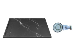 Base de chuveiro preto marmorizado extra-plano em resina SMC cortável, com sifão, 140x90 cm, LYROSA