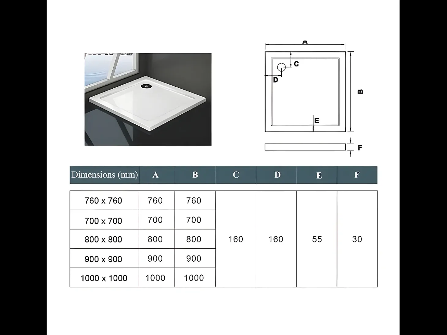 Base de duche Quadrado Branco 76x76x3cm-AICA