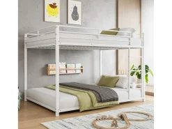 Beliche 2 camas 140x200cm, cama clássica de ferro com escada de escalada, anti-queda, cama de plataforma, branca