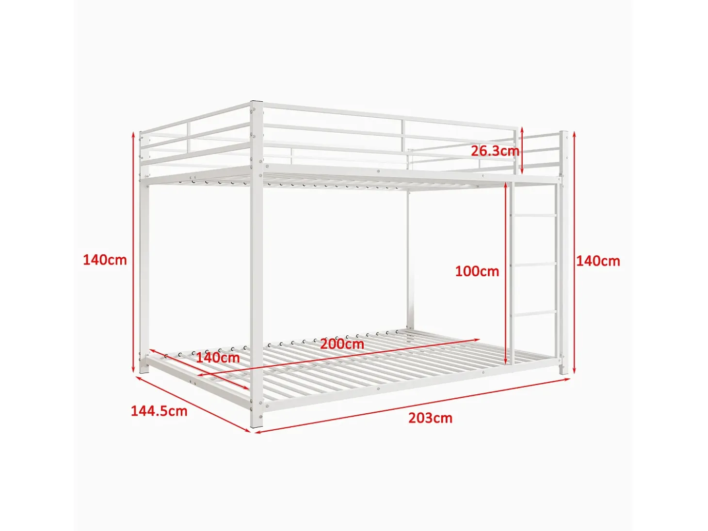 Beliche 2 camas 140x200cm, cama clássica de ferro com escada de escalada, anti-queda, cama de plataforma, branca