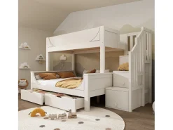 Beliche 90×200 cm +140×200 cm - escada com armazenamento - com 2 gavetas - Madeira maciça + MDF - Branco (sem colchão)