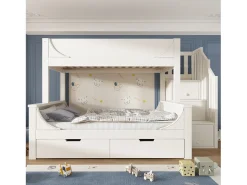 Beliche 90×200 cm +140×200 cm - escada com armazenamento - com 2 gavetas - Madeira maciça + MDF - Branco (sem colchão)