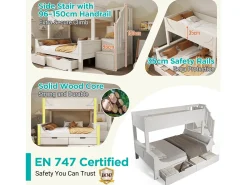 Beliche 90×200 cm +140×200 cm - escada com armazenamento - com 2 gavetas - Madeira maciça + MDF - Branco (sem colchão)