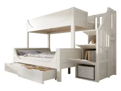 Beliche 90×200 cm +140×200 cm - escada com armazenamento - com 2 gavetas - Madeira maciça + MDF - Branco (sem colchão)
