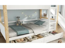 Beliche 90×200 cm - com escorregador infantil - com 2 gavetas - com cortinas - Madeira maciça + MDF - branco + natural (sem colchão)