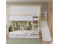 Beliche 90×200 cm - com escorregador infantil - com 2 gavetas - com cortinas - Madeira maciça + MDF - branco + natural (sem colchão)