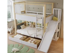 Beliche 90×200 cm - com escorregador infantil - com 2 gavetas - com cortinas - Madeira maciça + MDF - branco + natural (sem colchão)