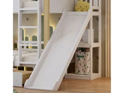 Beliche 90×200 cm - com escorregador infantil - com 2 gavetas - com cortinas - Madeira maciça + MDF - branco + natural (sem colchão)
