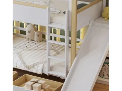Beliche 90×200 cm - com escorregador infantil - com 2 gavetas - com cortinas - Madeira maciça + MDF - branco + natural (sem colchão)