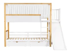 Beliche 90×200 cm - com escorregador infantil - com 2 gavetas - com cortinas - Madeira maciça + MDF - branco + natural (sem colchão)