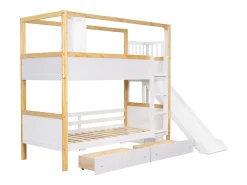 Beliche 90×200 cm - com escorregador infantil - com 2 gavetas - com cortinas - Madeira maciça + MDF - branco + natural (sem colchão)