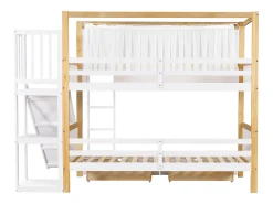 Beliche 90×200 cm - com escorregador infantil - com 2 gavetas - com cortinas - Madeira maciça + MDF - branco + natural (sem colchão)