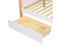 Beliche 90×200 cm - com escorregador infantil - com 2 gavetas - com cortinas - Madeira maciça + MDF - branco + natural (sem colchão)