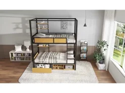 Beliche 90×200 cm - com prateleira - com 1 gaveta e compartimento de armazenamento - Metal + MDF - Preto + Natural