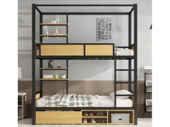 Beliche 90×200 cm - com prateleira - com 1 gaveta e compartimento de armazenamento - Metal + MDF - Preto + Natural