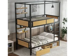 Beliche 90×200 cm - com prateleira - com 1 gaveta e compartimento de armazenamento - Metal + MDF - Preto + Natural