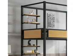 Beliche 90×200 cm - com prateleira - com 1 gaveta e compartimento de armazenamento - Metal + MDF - Preto + Natural