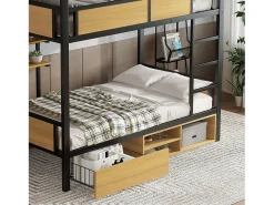 Beliche 90×200 cm - com prateleira - com 1 gaveta e compartimento de armazenamento - Metal + MDF - Preto + Natural