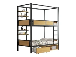 Beliche 90×200 cm - com prateleira - com 1 gaveta e compartimento de armazenamento - Metal + MDF - Preto + Natural