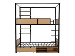 Beliche 90×200 cm - com prateleira - com 1 gaveta e compartimento de armazenamento - Metal + MDF - Preto + Natural
