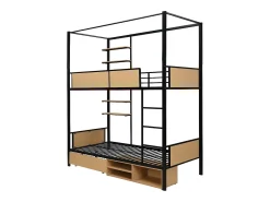 Beliche 90×200 cm - com prateleira - com 1 gaveta e compartimento de armazenamento - Metal + MDF - Preto + Natural