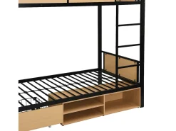 Beliche 90×200 cm - com prateleira - com 1 gaveta e compartimento de armazenamento - Metal + MDF - Preto + Natural