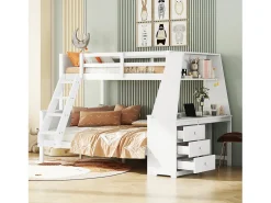 Beliche 90 x 200 cm + 140 x 200 cm - escrivaninha + 3 gavetas + prateleira - madeira MDF - branco