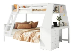 Beliche 90 x 200 cm + 140 x 200 cm - escrivaninha + 3 gavetas + prateleira - madeira MDF - branco