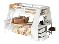 Beliche 90 x 200 cm + 140 x 200 cm - escrivaninha + 3 gavetas + prateleira - madeira MDF - branco