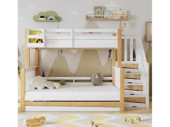 Beliche 120 x 200 cm + 90 x 200 cm com cama auxiliar 90 x 190 cm + 4 gavetas - Madeira + MDF - Branco + natural