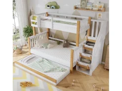 Beliche 120 x 200 cm + 90 x 200 cm com cama auxiliar 90 x 190 cm + 4 gavetas - Madeira + MDF - Branco + natural