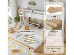 Beliche 120 x 200 cm + 90 x 200 cm com cama auxiliar 90 x 190 cm + 4 gavetas - Madeira + MDF - Branco + natural
