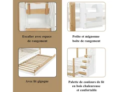 Beliche 120 x 200 cm + 90 x 200 cm com cama auxiliar 90 x 190 cm + 4 gavetas - Madeira + MDF - Branco + natural