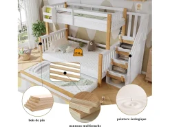 Beliche 120 x 200 cm + 90 x 200 cm com cama auxiliar 90 x 190 cm + 4 gavetas - Madeira + MDF - Branco + natural
