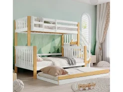 Beliche 120 x 200 cm + 90 x 200 cm com cama auxiliar 90 x 190 cm + 4 gavetas - Madeira + MDF - Branco + natural