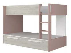 Beliche 2 x 90 x 200 cm 2 gavetas cor-de-rosa, branco e natural + colchão TINOLI
