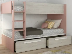 Beliche 2 x 90 x 200 cm 2 gavetas cor-de-rosa, branco e natural + colchão TINOLI
