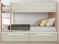 Beliche 2 x 90 x 200 cm 2 gavetas cor-de-rosa, branco e natural + colchão TINOLI