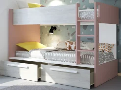 Beliche 2 x 90 x 200 cm 2 gavetas cor-de-rosa, branco e natural + colchão TINOLI