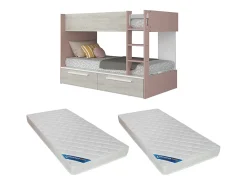 Beliche 2 x 90 x 200 cm 2 gavetas cor-de-rosa, branco e natural + colchão TINOLI