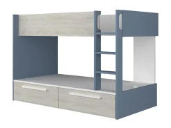 Beliche 2 x 90 x 200 cm 2 gavetas azul, branco e natural + colchão TINOLI