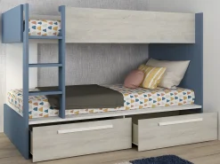 Beliche 2 x 90 x 200 cm 2 gavetas azul, branco e natural + colchão TINOLI
