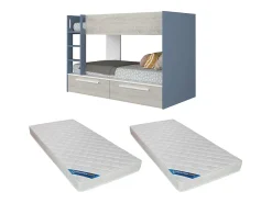 Beliche 2 x 90 x 200 cm 2 gavetas azul, branco e natural + colchão TINOLI