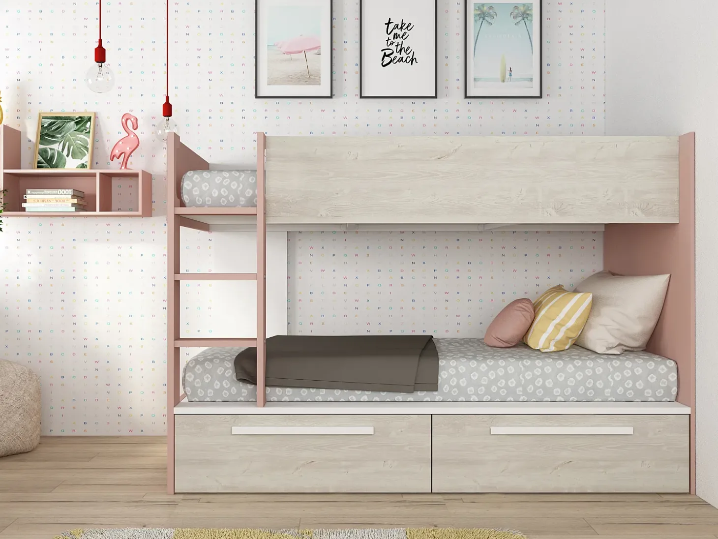 Beliche 2 x 90 x 200 cm 2 gavetas cor-de-rosa, branco e natural TINOLI