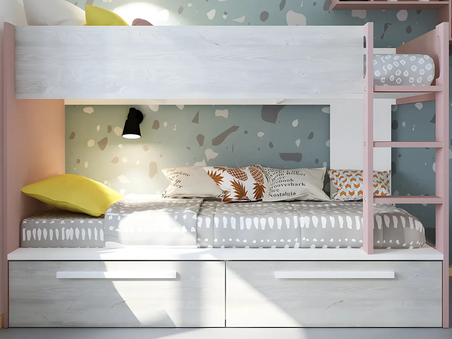 Beliche 2 x 90 x 200 cm 2 gavetas cor-de-rosa, branco e natural TINOLI