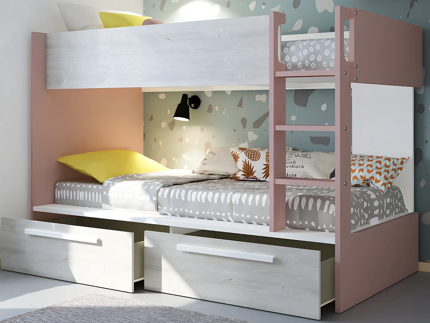 Beliche 2 x 90 x 200 cm 2 gavetas cor-de-rosa, branco e natural TINOLI