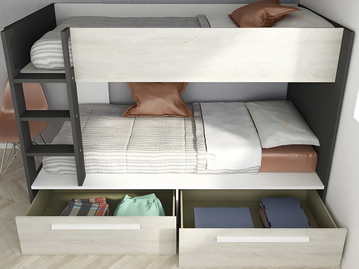 Beliche 2 x 90 x 200 cm 2 gavetas antracite, branco e natural TINOLI