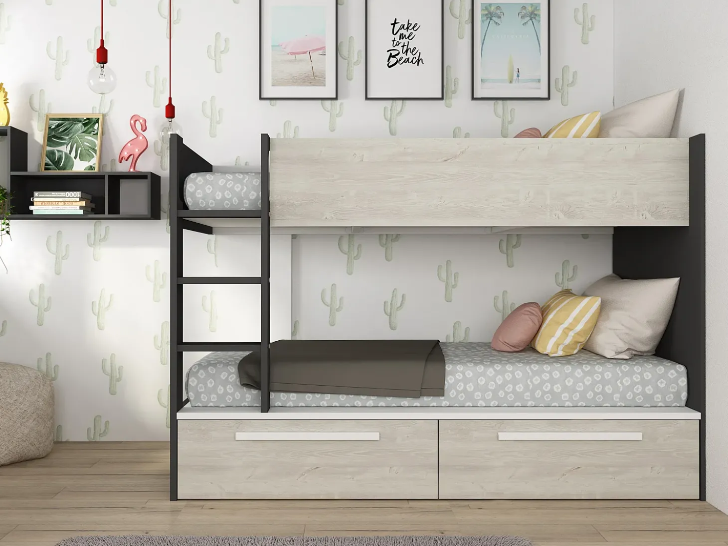 Beliche 2 x 90 x 200 cm 2 gavetas antracite, branco e natural TINOLI