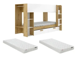 Beliche 2 x 90 x 200 cm com arrumação branco e natural + colchão - OSANA